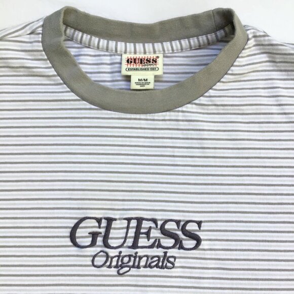 2 Guess Originals T Shirts Mens M White Gray Black Striped Retro Embroidered S/S - Picture 9 of 12